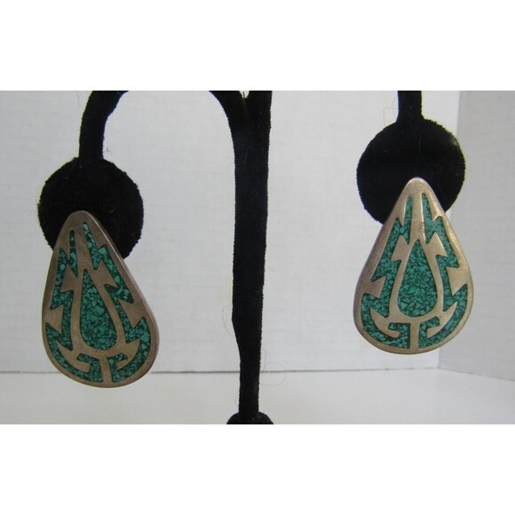 Sterling Silver Earrings Turquoise Inlay Vintage Mexico Taxco Large Stamped - Picture 1 of 8
